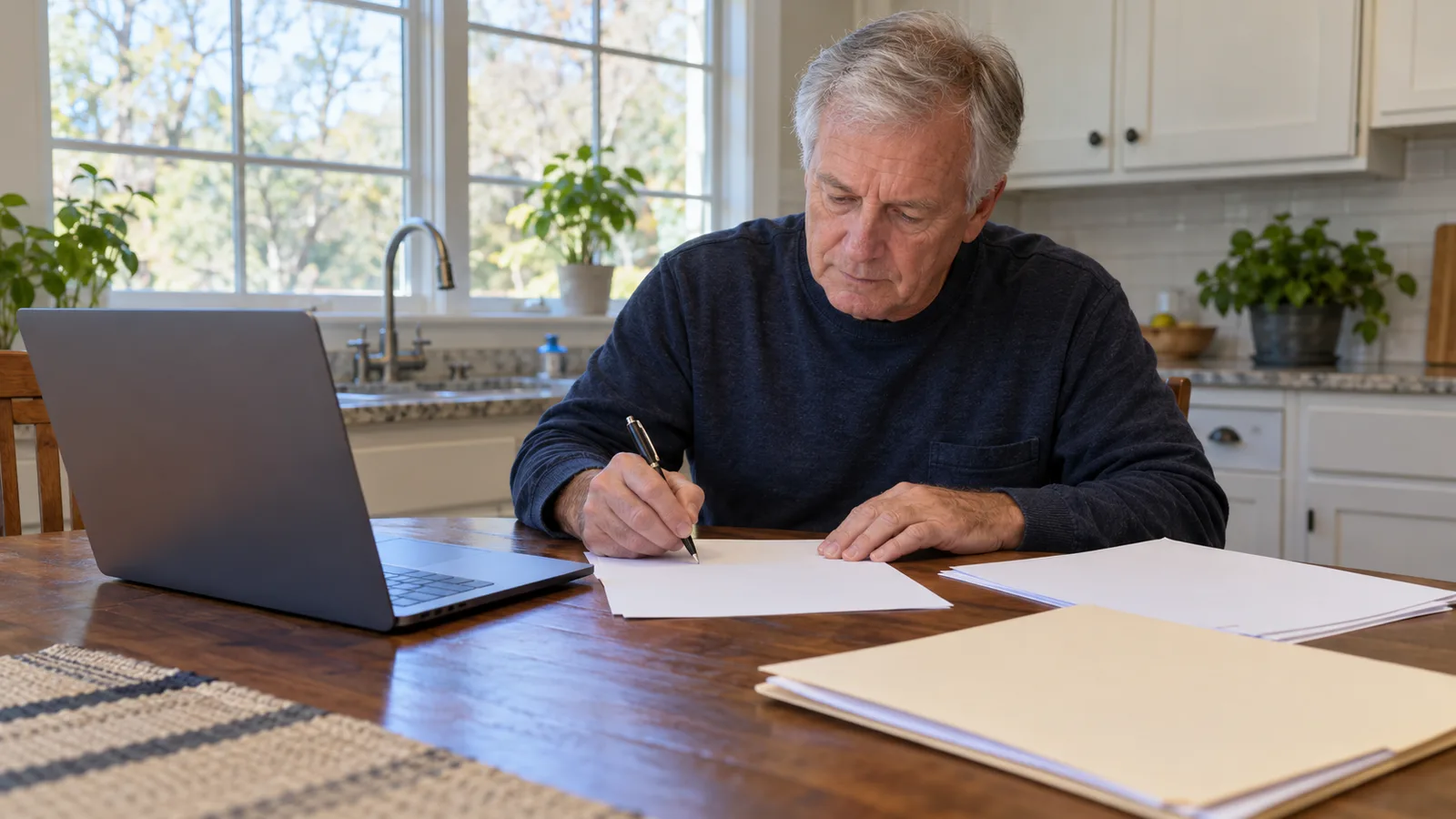 Business owner signing a state tax form at a kitchen table with a laptop and a folder of closing papers