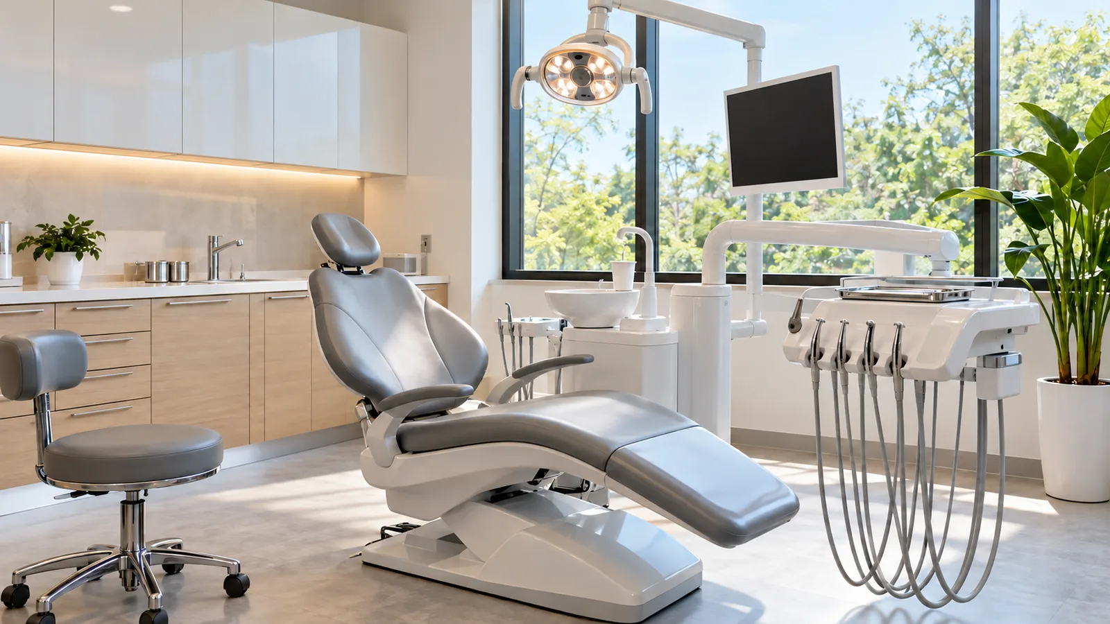 Bright dental operatory with a patient chair and imaging equipment in a Charlotte office