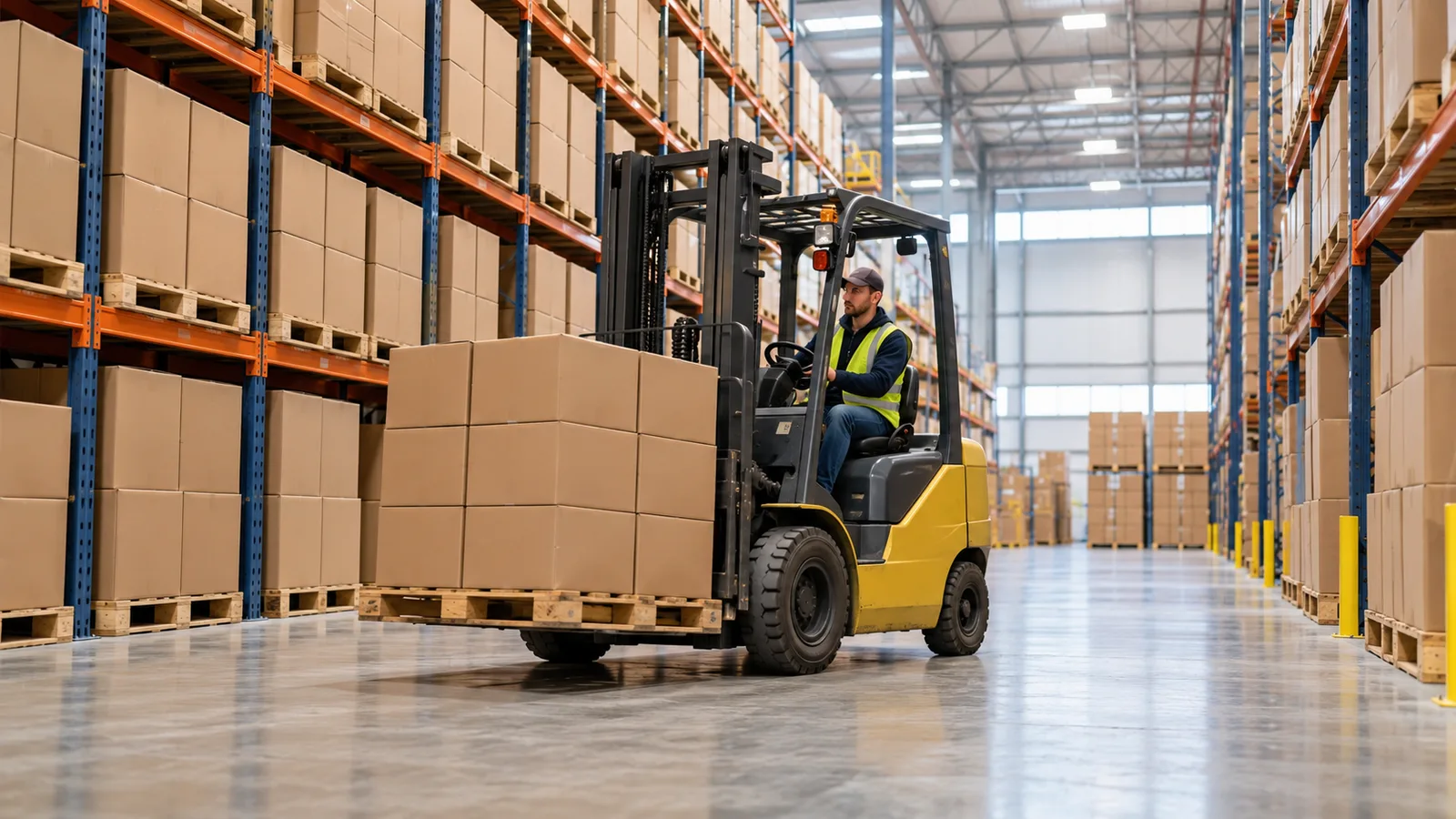 Forklift moving pallets through a distribution warehouse near Charlotte