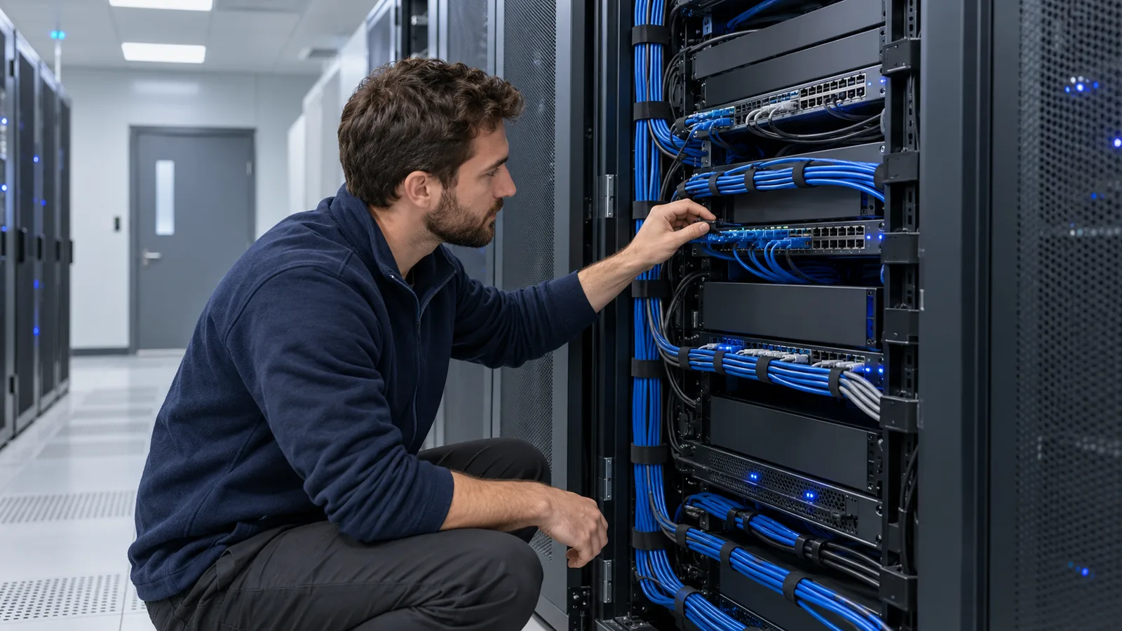 IT technicians monitoring client networks on screens in a Charlotte managed services office