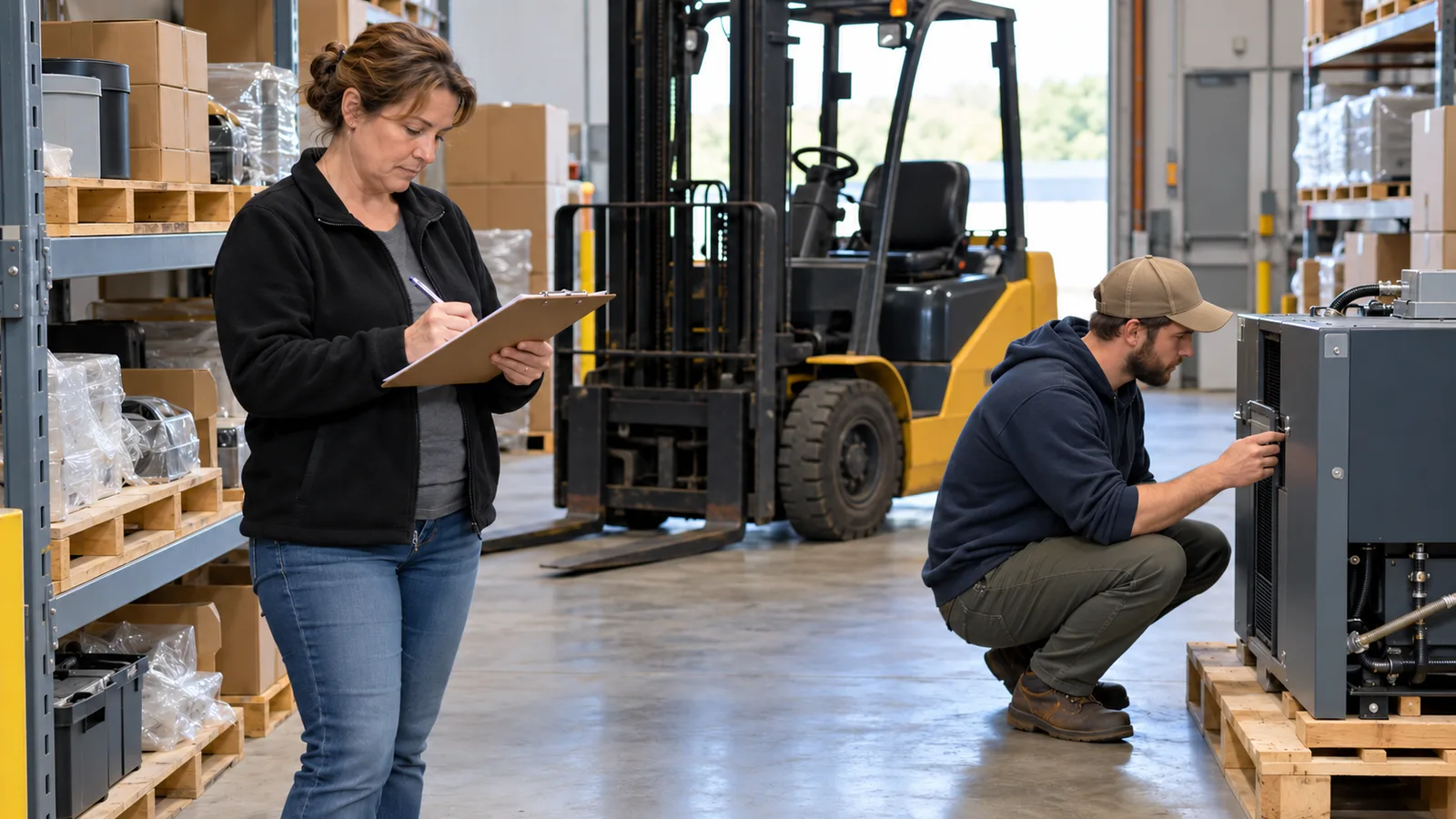 Office manager listing equipment and serial numbers on a clipboard in a small Charlotte warehouse