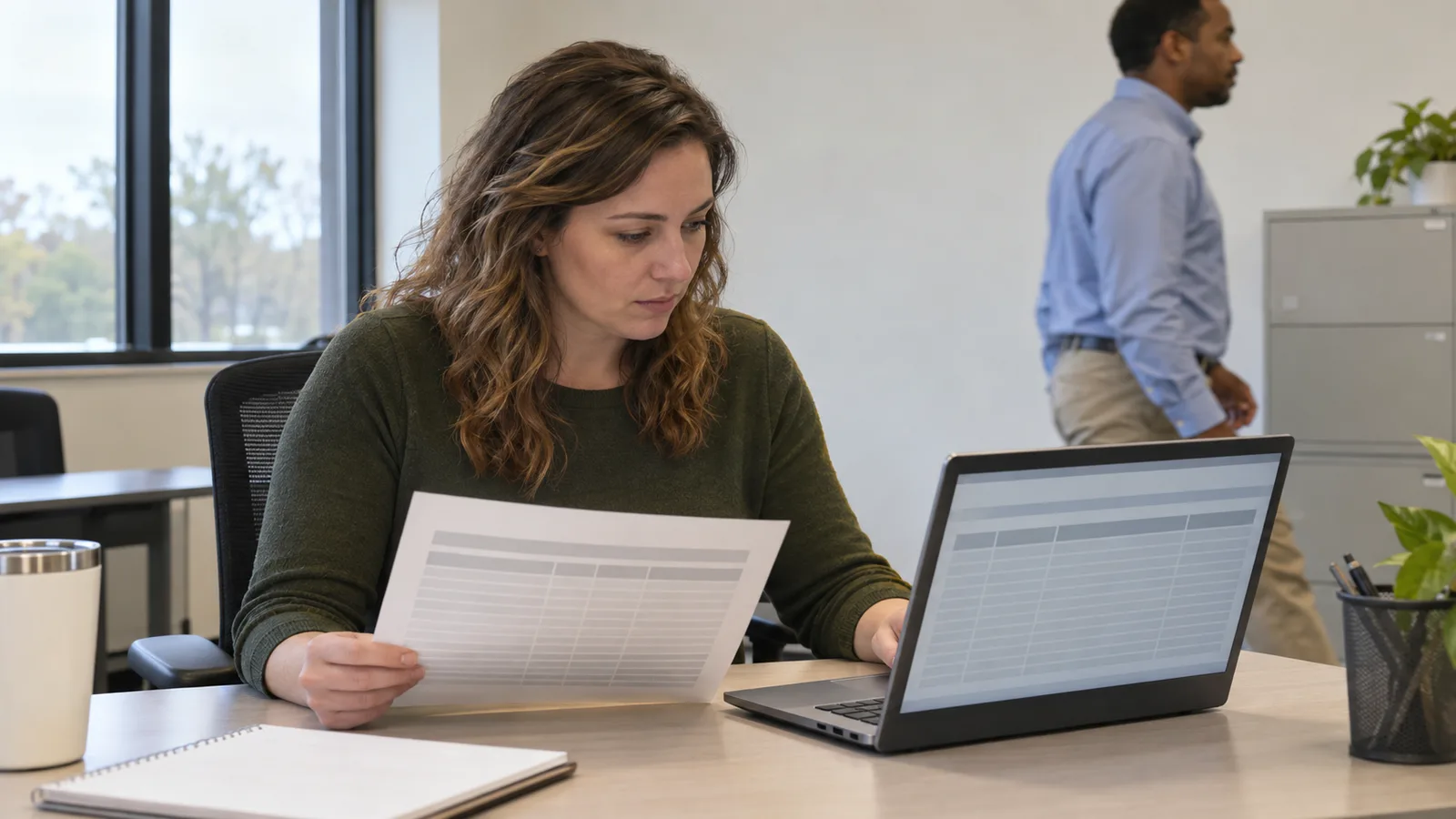 Payroll manager reviewing quarterly unemployment tax reports on a laptop in a Charlotte office