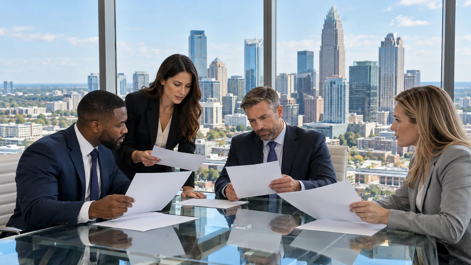 Company owner meeting with investors in a glass conference room in uptown Charlotte